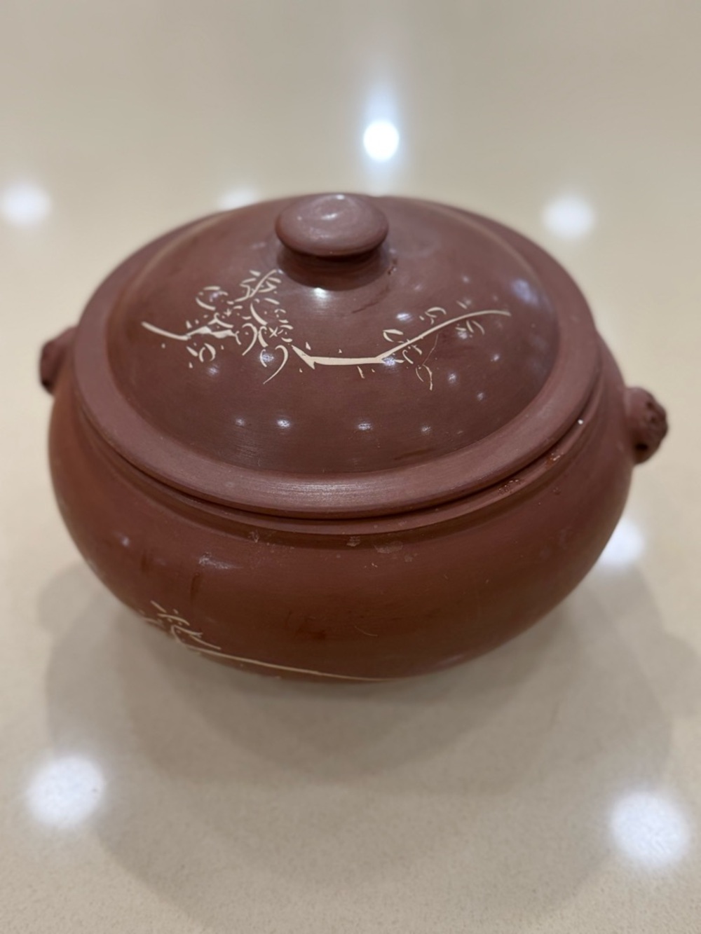 Terracotta Lidded Clay Casserole with White Floral Accents